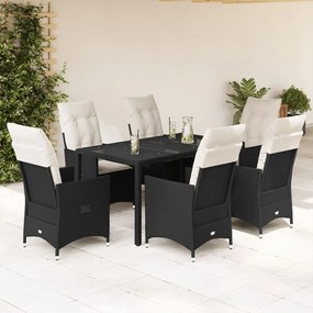 7 pcs conjunto de jantar p/ jardim c/ almofadões vime PE preto