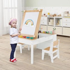 Conjunto de mesa e 2 cadeiras com cavalete para desenho, com copos para tinta e rolo de papel natural