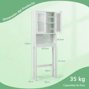 Armario para casa de banho sobre a sanita com prateleiras ajustáveis 58 x 19 x 170 cm Portas de vidro fosco Branco