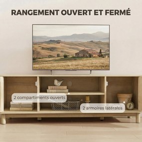 Móvel de TV 135 x 39 x 45 cm, móvel para televisores até 65 polegadas com 2 portas em rattan, 2 compartimentos abertos, cor carvalho