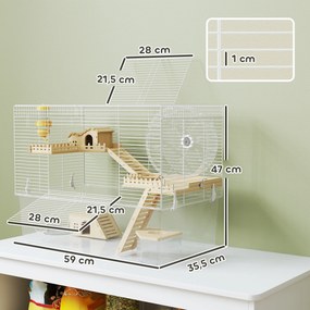 Gaiola para hamsters de 3 níveis, gaiola para roedores com roda de exercício, tabuleiro transparente e fundo, 59 x 35,5 x 47 cm, branca