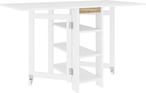 HOMCOM Mesa Dobrável com Asas Dobráveis Mesa de Cozinha com 2 Rodas e Prateleiras Estilo Moderno 120x60x75 cm Branco | Aosom Portugal