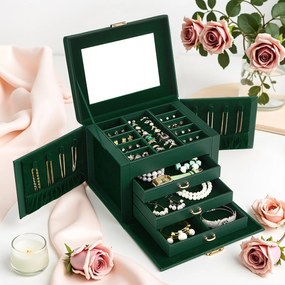 Caixa para joias com 4 níveis e espelho 17,5 x 22,5 x 16,5 cm verde vintage