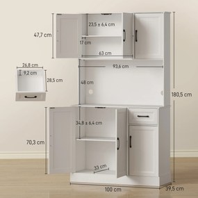 Armário Alto de Cozinha, 100 x 39,5 x 180,5 cm, Prateleiras Reguláveis, Branco