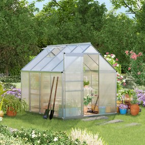Outsunny Estufa de Jardim de Policarbonato e Alumínio Estufa de Exterior com Porta Corredeira e 2 Clarobóias para Cultivo de Plantas Sementes 190x253x199cm Transparente