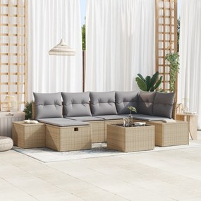 Conjunto de Sofá de Jardim de 7 Peças com Almofadas Bege Poliratan