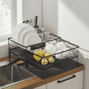 Escorredor de pratos com bandeja extensível (31-56) x 42 x 20 cm, giratório em 360° preto