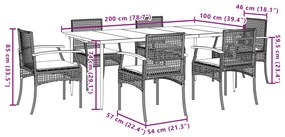 7 pcs conjunto de jantar p/ jardim com almofadões vime PE bege