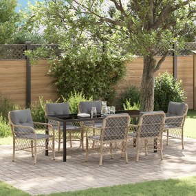 Conjunto de Jantar de Jardim 7 Peças com Almofadas Bege Vime Poly