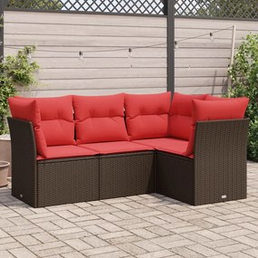 vidaXL 4 pcs conjunto sofás de jardim c/ almofadões vime PE castanho