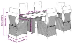 7 pcs conj. jantar p/ jardim c/ almofadões vime PE cinza-claro