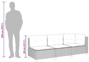 Sofá de jardim de 3 lugares com almofadões vime PE cinzento