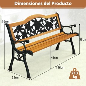 Banco de Jardim com Estrutura Metálica 127,5 cm Fundida e Assento de Madeira Banco Ergonómico para 3 Pessoas para Jardim Pátio Terraço