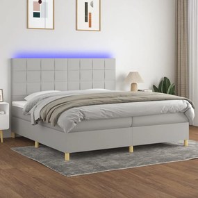 Cama box spring c/ colchão e LED 200x200 cm tecido cinza-claro