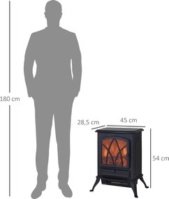 Lareira Elétrica Portátil Lareira Elétrica com Efeito de Chama Realista Potência 1000W/2000W 45x28,5x54cm Preto