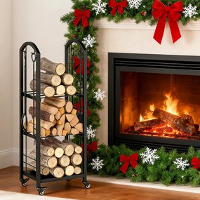 Estante para lenha 40 x 30 x 108 cm de 3 níveis com rodas e conjunto de 5 ferramentas. Inclui tenaz, atiçador, vassoura e pá para interior e exterior
