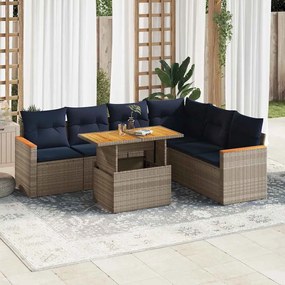 7 pcs conjunto sofás p/ jardim c/ almofadões vime PE cinzento