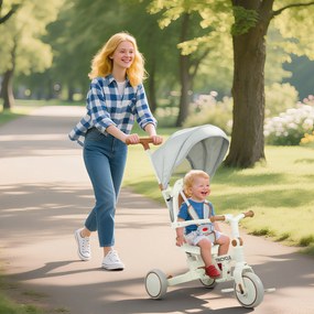 Triciclo evolutivo 5 em 1 para bebés, triciclo dobrável para crianças com pega ajustável e capota removível, para idades entre 1 e 3 anos, cor creme