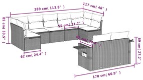 9 pcs conj. sofás jardim com almofadões vime PE cinzento-claro