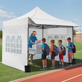 Tenda dobrável de 3x3 m com 3 paredes laterais, altura ajustável, 4 sacos de areia, cordas, estacas e saco com rodas para festas e acampamento, branca