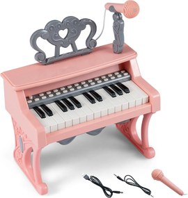 Piano de 25 teclas para crianças 30,5 x 17,5 x 32,5 cm com atril e microfone Brinquedo educativo para aprendizagem precoce 3+ anos Rosa