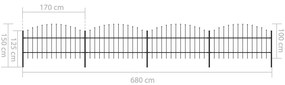 Cerca de jardim com topo em lanças (0,75-1)x6,8 m aço preto