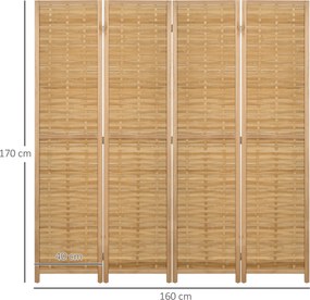 Biombos de madeira para divisão de espaços, divisória dobrável com 4 painéis de bambu, 160 x 170 cm, tom claro natural