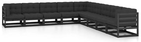 9pcs conjunto longue de jardim c/ almofadões pinho maciço preto