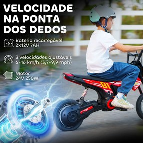 Mota Elétrica para Crianças 24V com Motor 250W Velocidade de 6-16km/h Rodas de 30,5 cm para Crianças de 8-12 Anos Vermelho