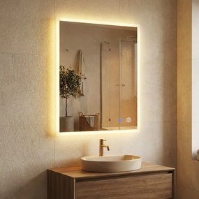 Espelho LED para casa de banho 70 x 50 cm retangular de parede com função antiembaciamento, memória, 3 cores de luz e controlo tátil Prata