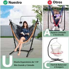 Rede descanso jardim com Suporte e Porta-Telemóvel Suspensa com Altura Ajustável Almofada e Bolso Lateral 152 x 107 x 96-146 cm Cinza