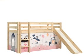 Cama alta de Criança PINO 90 x 200 cm + estrado + escada + escorrega + cortina Princesa Natural