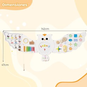 Painel de atividades de parede 11 em 1 em forma de coruja sensorial Montessori de madeira para crianças com mais de 3 anos Branco