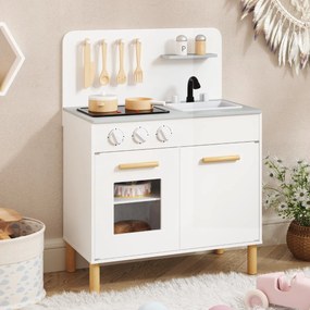 Cozinha de brincar para crianças em madeira com luzes, sons, fogão, lava-loiça, forno e acessórios branca