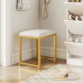 Banco de toucador 38 x 30 x 42 cm com almofada acolchoada e pernas de metal dourado para quarto, sala ou entrada Branco e dourado