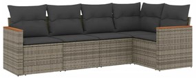 5 pcs conjunto sofás de jardim c/ almofadões vime PE cinzento