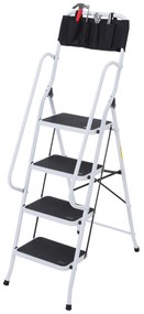 HOMCOM Escada Dobrável com 4 Degraus Escada de Metal com Apoio para os Braços e Suporte para Ferramentas Carga Máxima 150 kg 50x83x155 cm Branco e Preto