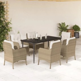 7 pcs conjunto de jantar p/ jardim com almofadões vime PE bege