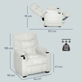 Poltrona Relax Reclinável Elétrica com Função Memória Apoio para Pés Controlo Remoto e Porta USB 94x90x105 cm Branco Creme