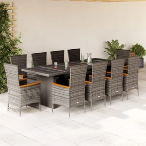 vidaXL 11 pcs conjunto jantar p/ jardim c/ almofadões vime PE cinzento