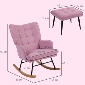 Conjunto de Poltrona Baloiço com Apoio para os Pés Poltrona Relax com Almofada Acolchoada e Anti-Tombo 64x89x90 cm Rosa