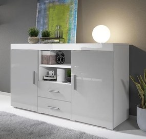 Aparador Manvy – 140x40x82 cm – Branco Brilhante e Cinzento – 2 Portas