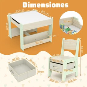 Conjunto de mesa e cadeiras infantil Mesa de atividades 4 em 1 para crianças com superfície reversível Prateleiras para livros e caixas Verde