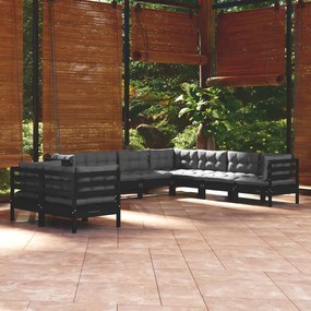 vidaXL 9 pcs conjunto lounge jardim c/ almofadões pinho maciço preto