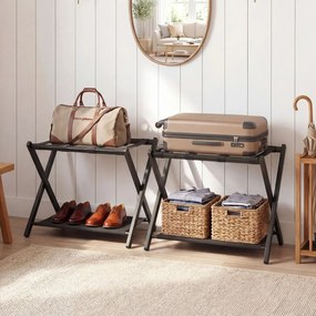 Conjunto 2 Suportes dobráveis para malas em bambu 68 x 46 x 53 cm, com correias de nylon, prateleiras de arrumação para o quarto de hóspedes ou quarto