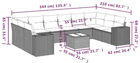 11 pcs conjunto sofás de jardim c/ almofadões vime PE preto
