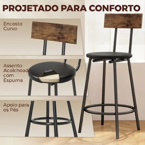 Conjunto 2 Bancos de Bar com Encosto e Apoio de Pés Estofados em PU 41x47x92 cm Preto