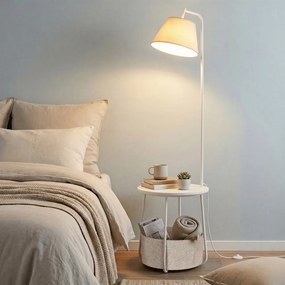 Mesa de cabeçeira com candeeiro de pé LED, prateleira e cesto de tecido, estrutura em aço, branca