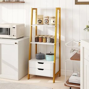 Estante em forma escada 52 x 39,5 x 134 cm com 4 prateleiras abertas e 2 gavetas Branco + Dourado