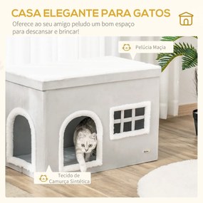 Casa Dobrável para Gatos Caverna para Gatos com Almofadas de Pelúcia Suave Tampa Removível 2 Entradas e Janela 71x42x49cm Cinza Claro